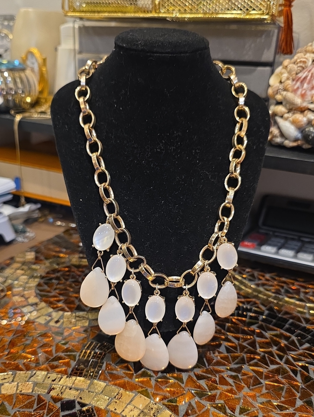Source Unknown Gold-Tone Chain Necklace with White Teardrop Drops